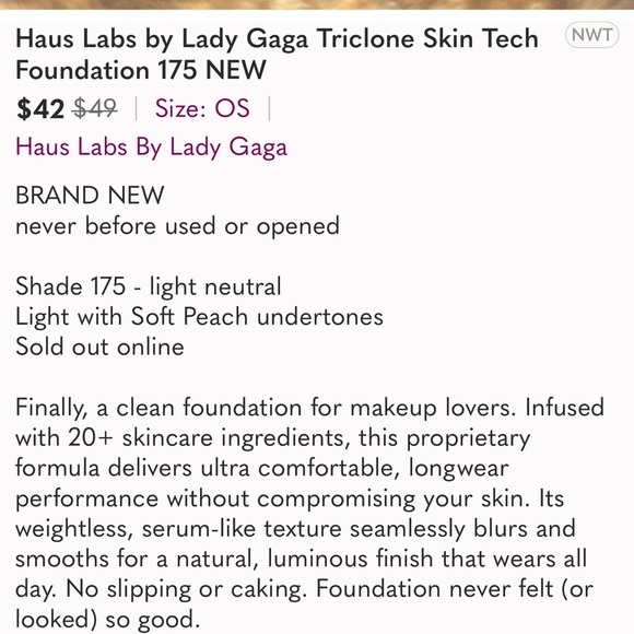 Haus lab skin tech foundation. #120 light warm. Full bottle. Used once. - Picture 5 of 5